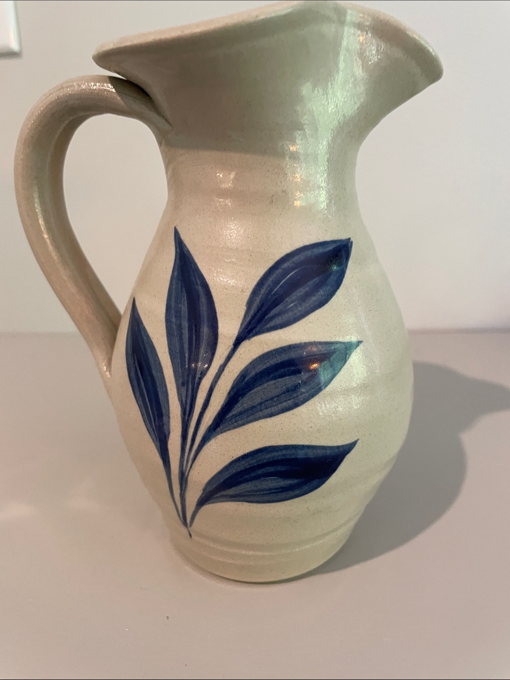 Williamsburg pottery Handmade Ceramic Pitcher with Blue Leaf Motif